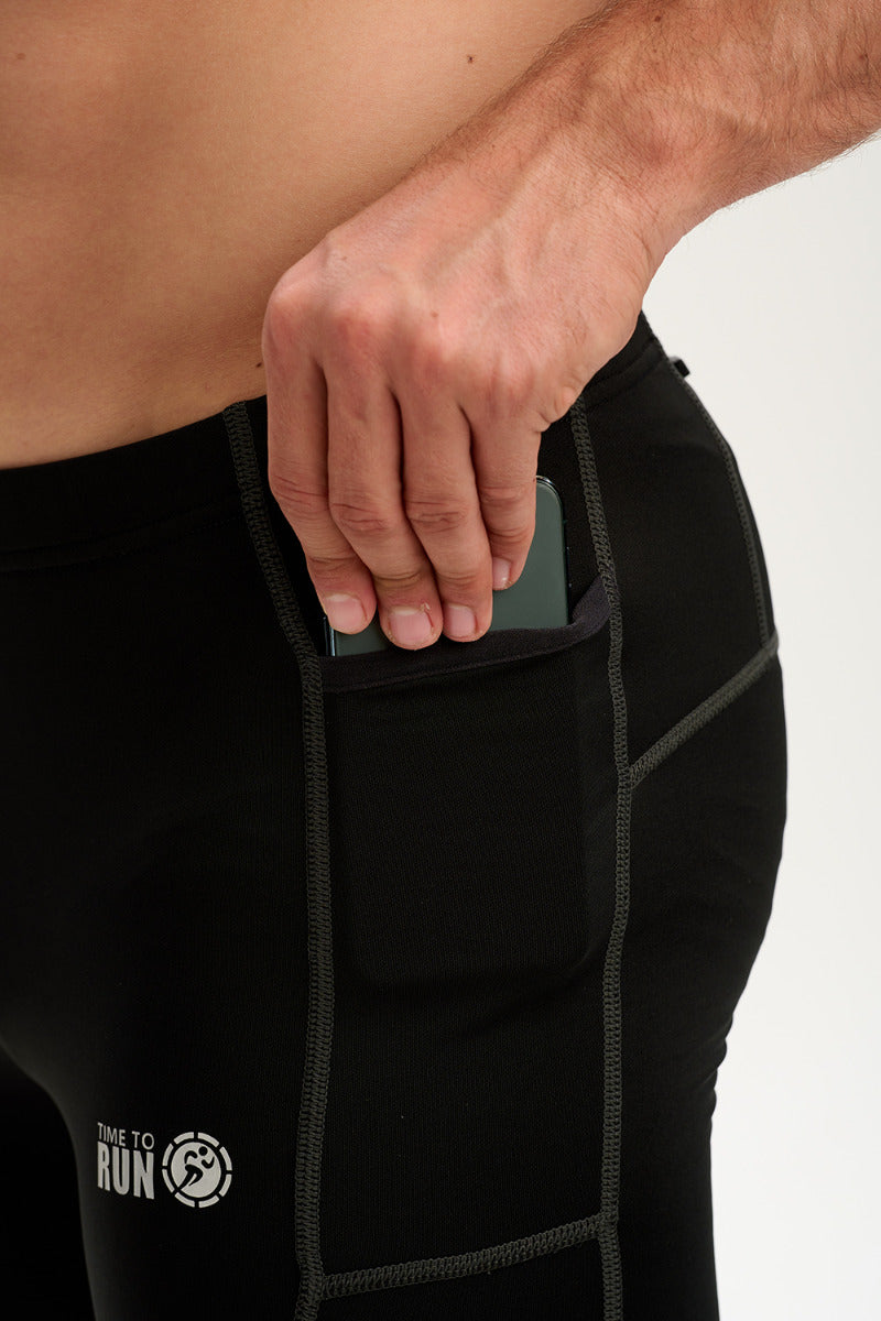 Men's Reflective Running Tights With Phone Pockets - Black