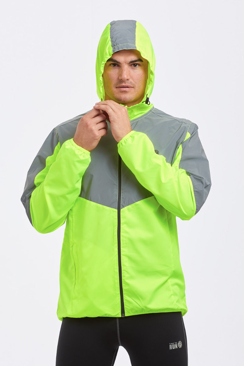 Men's Windproof Reflective Hooded Running Jacket-Lime Green