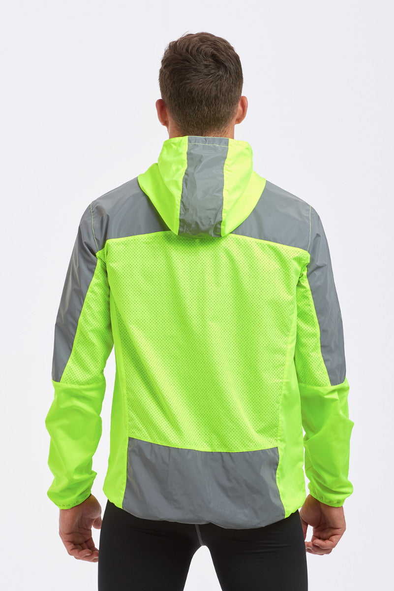 Men's Windproof Reflective Hooded Running Jacket-Lime Green