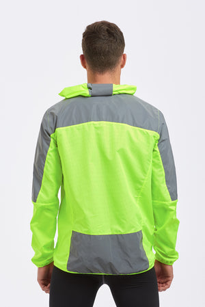 Men's Windproof Reflective Hooded Running Jacket-Lime Green