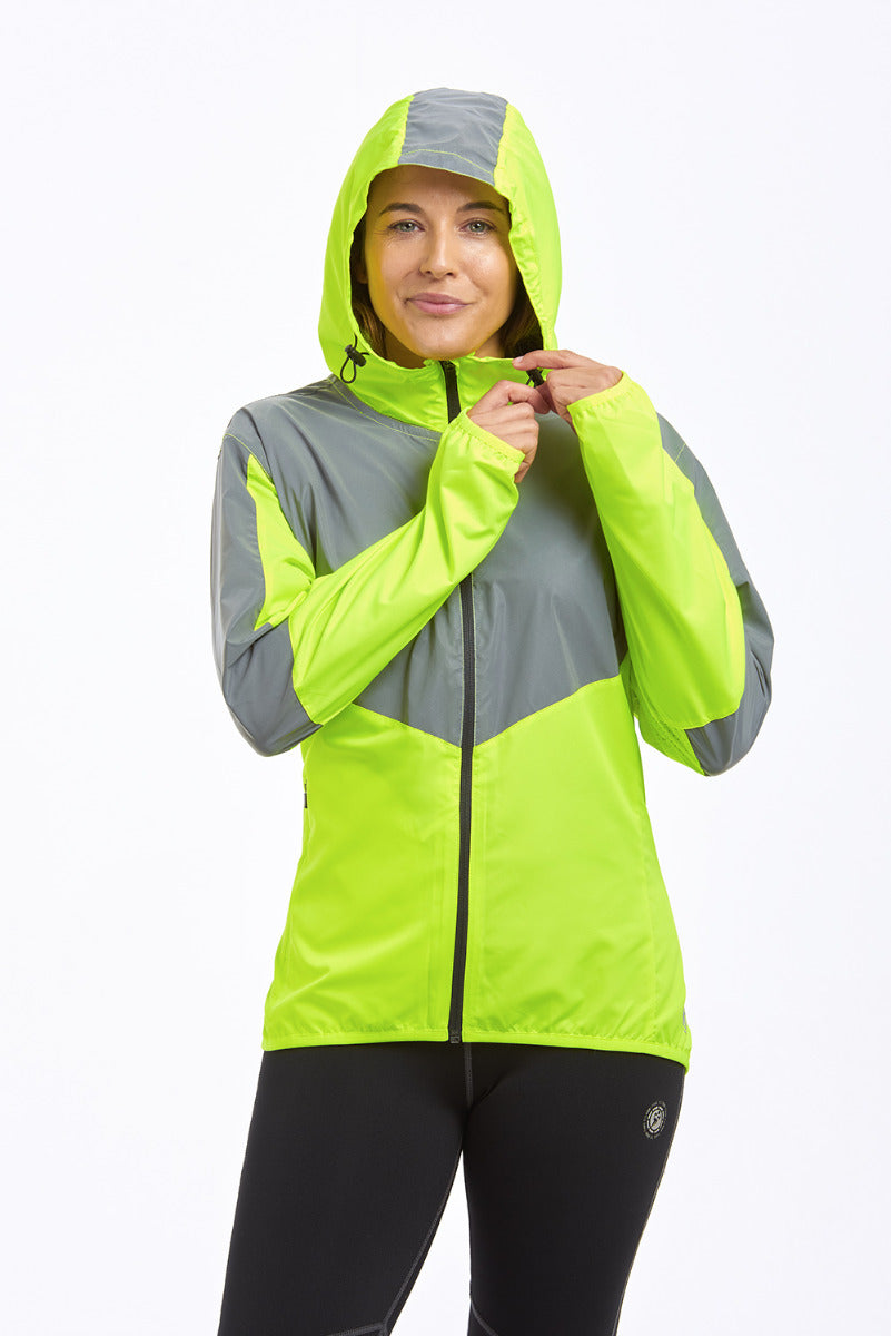 Women's Windproof Reflective Hooded Running Jacket - Lime Green