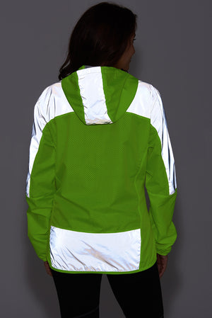 Women's Windproof Reflective Hooded Running Jacket - Lime Green