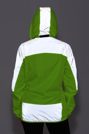 Women's Windproof Reflective Hooded Running Jacket - Lime Green