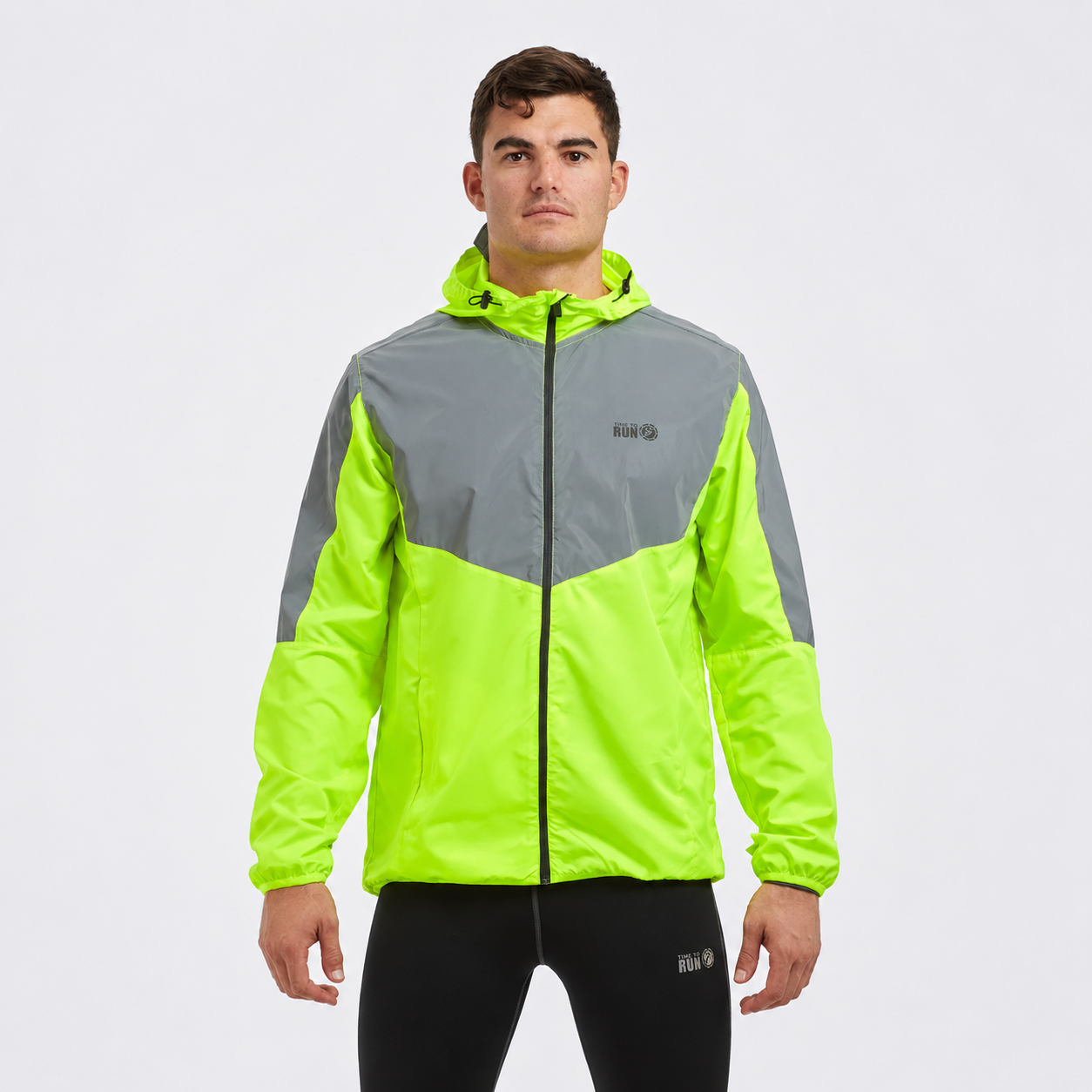 Men's Windproof Reflective Hooded Running Jacket-Lime Green