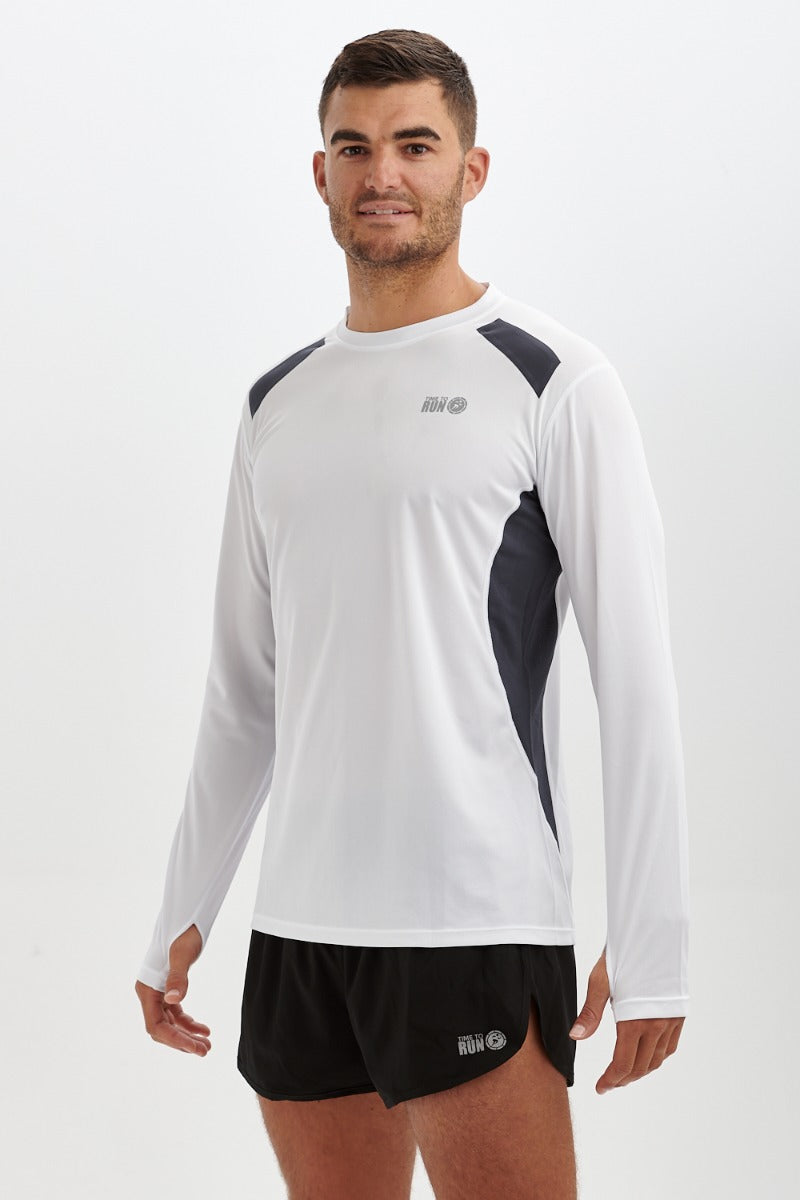 Men's Pace Spirit Long Sleeved Running T Shirt-White-Charcoal