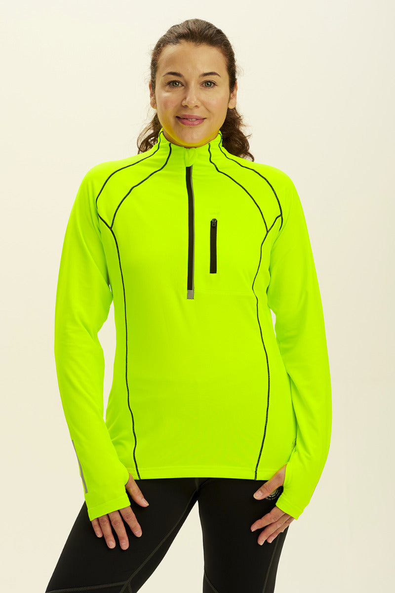 Women's Running Top - Long Sleeved Zip Neck With Chest Pocket - Lime Green