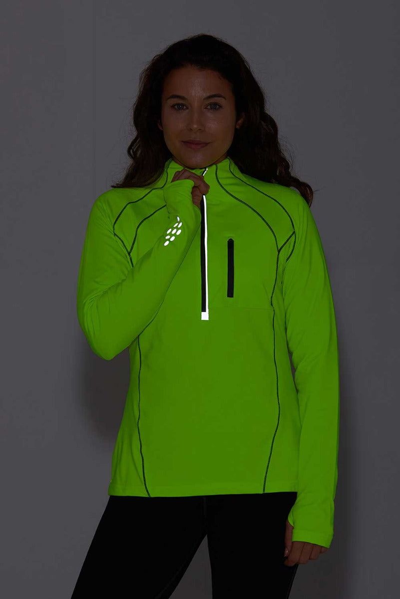 Women's Running Top - Long Sleeved Zip Neck With Chest Pocket - Lime Green