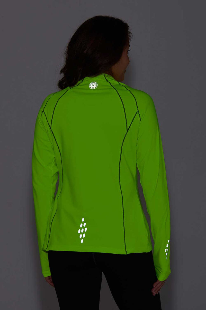 Women's Running Top - Long Sleeved Zip Neck With Chest Pocket - Lime Green