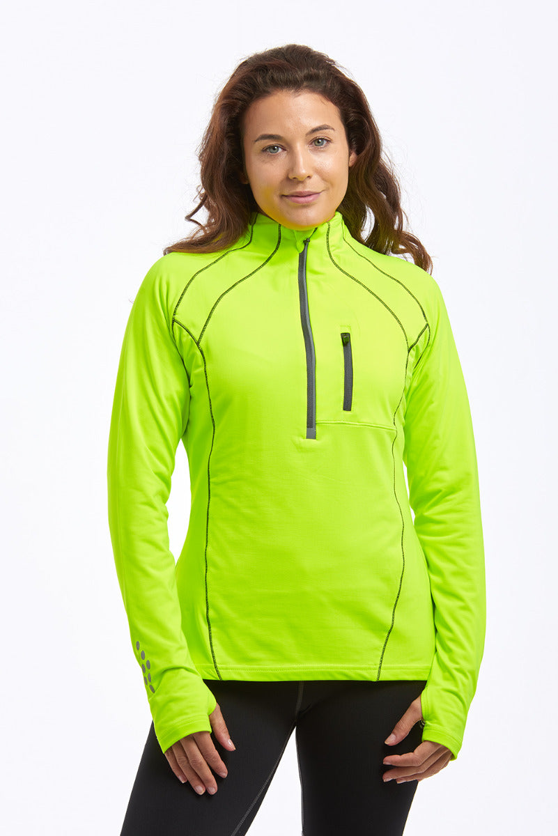 Women's Running Top - Long Sleeved Zip Neck With Chest Pocket - Lime Green