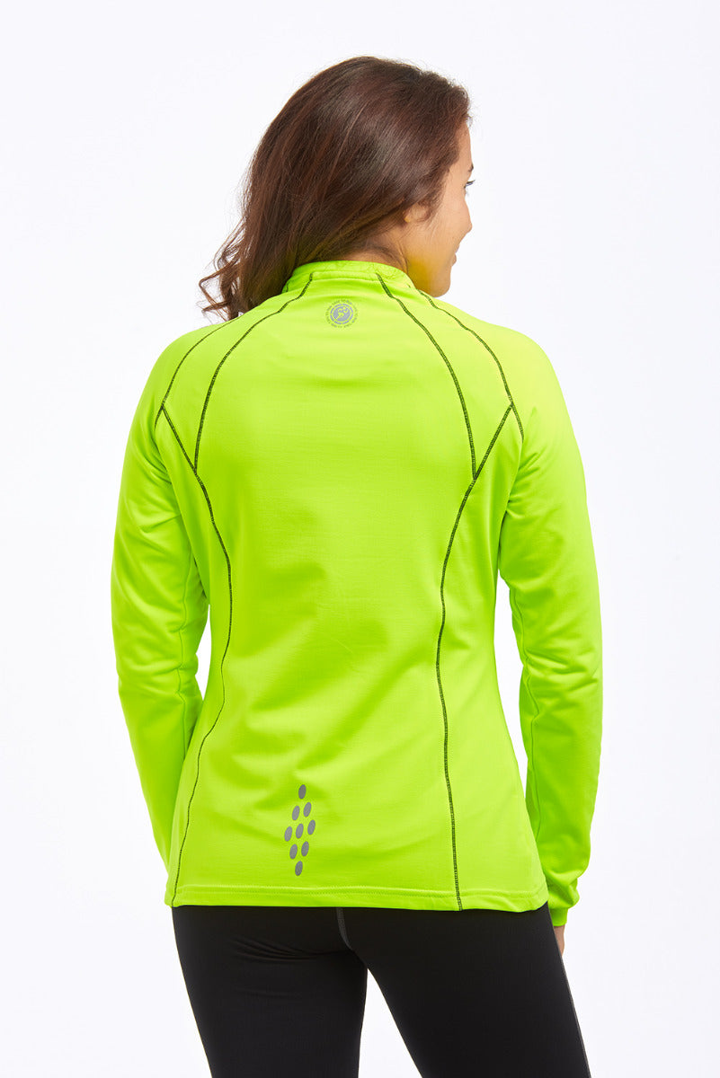 Women's Running Top - Long Sleeved Zip Neck With Chest Pocket - Lime Green