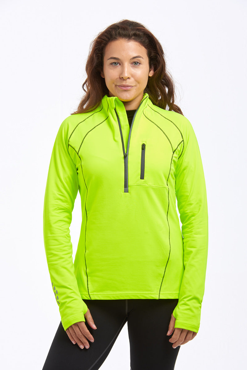 Women's Running Top - Long Sleeved Zip Neck With Chest Pocket - Lime Green