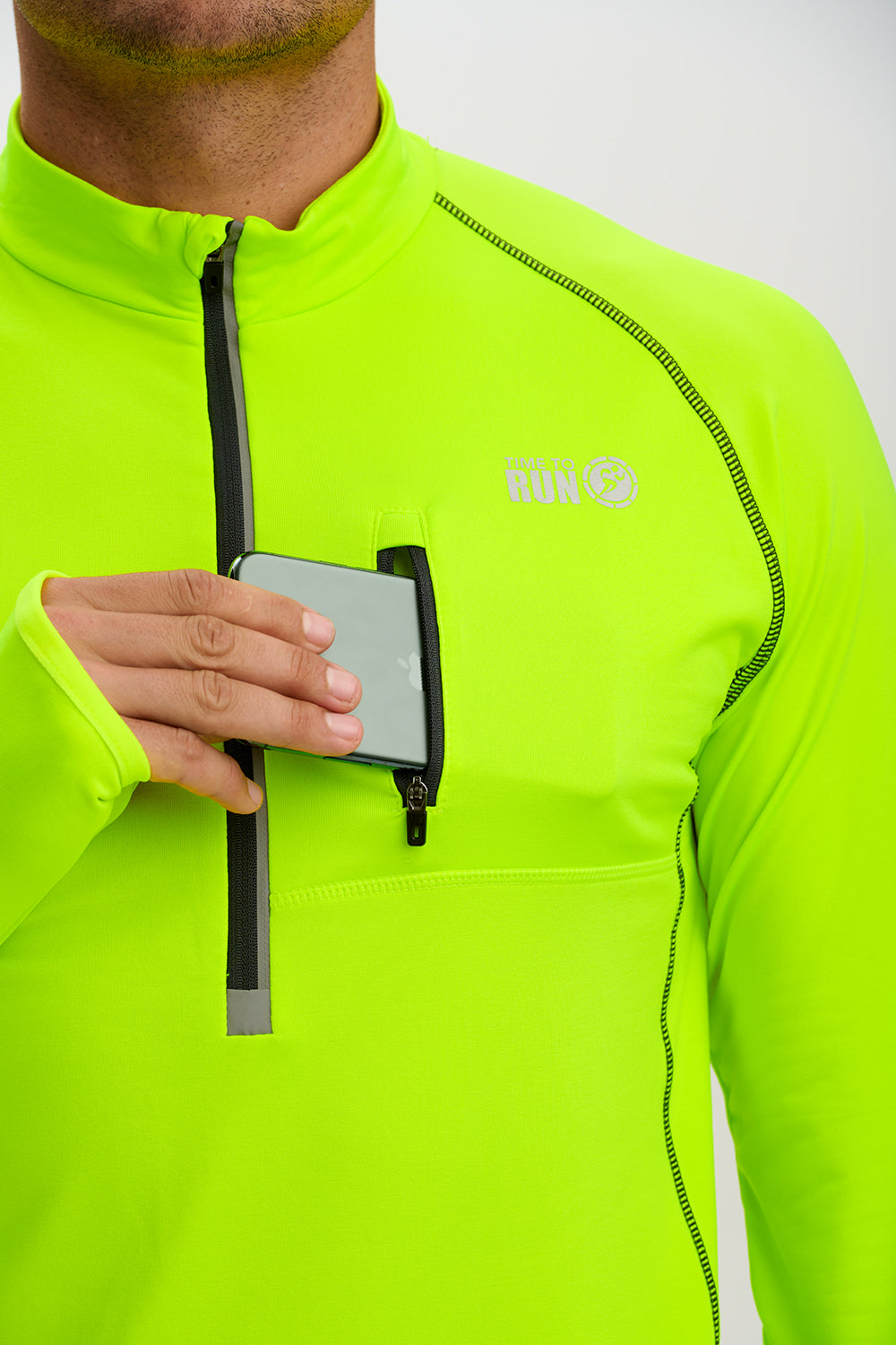 Running Top For Men - Long Sleeved Zip Neck Shirt With Chest Pocket - Thermal Fabric - Lime Green XL Slight Second No Care Label