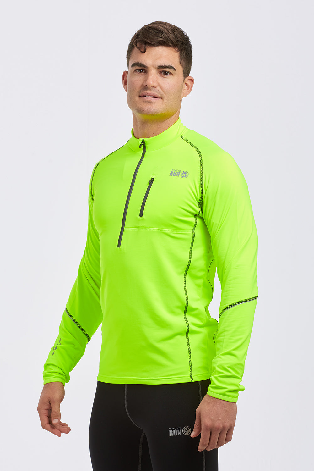 Running Top For Men - Long Sleeved Zip Neck Shirt With Chest Pocket - Thermal Fabric - Lime Green XL Slight Second No Care Label