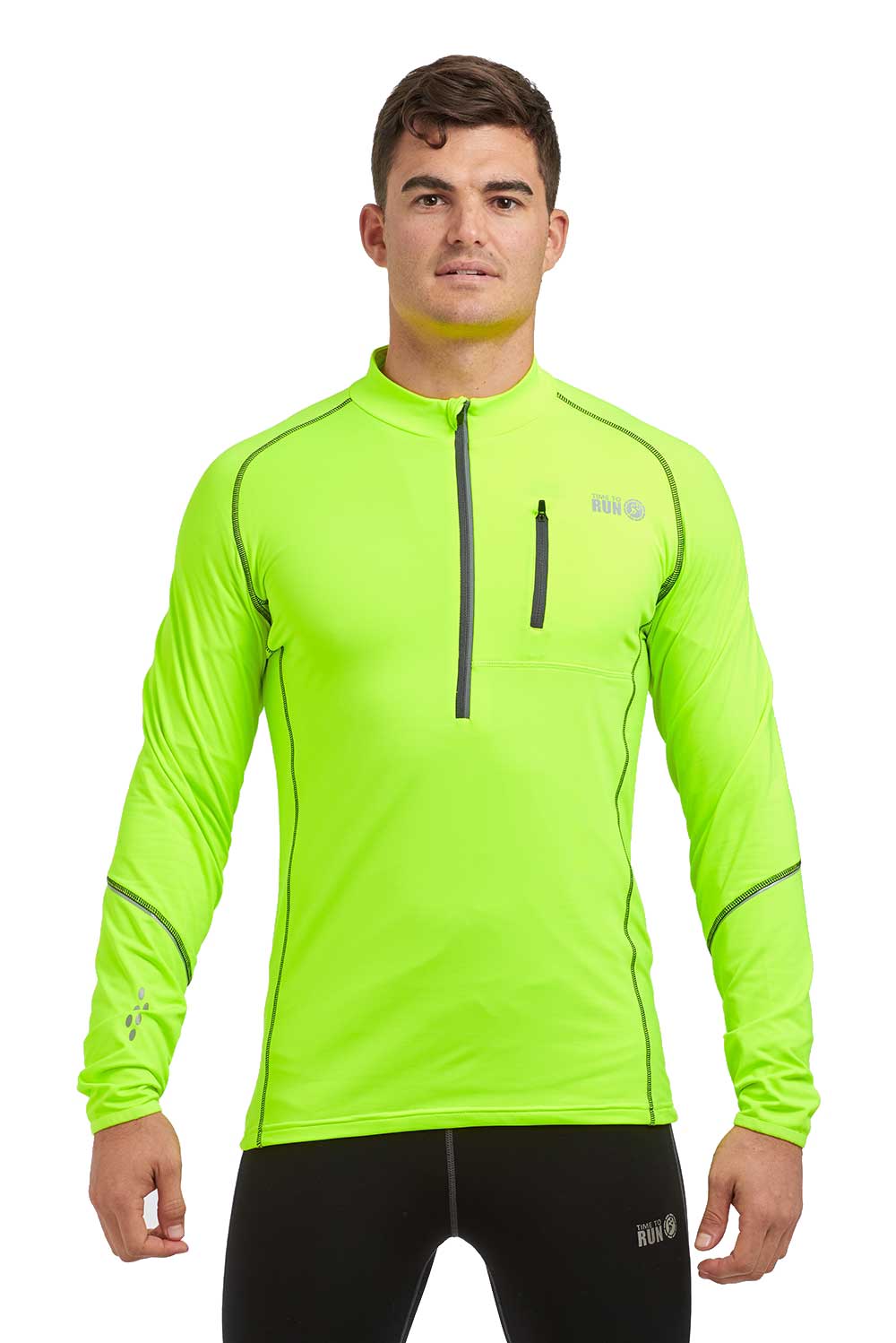Running Top For Men - Long Sleeved Zip Neck Shirt With Chest Pocket - Thermal Fabric - Lime Green XL Slight Second No Care Label