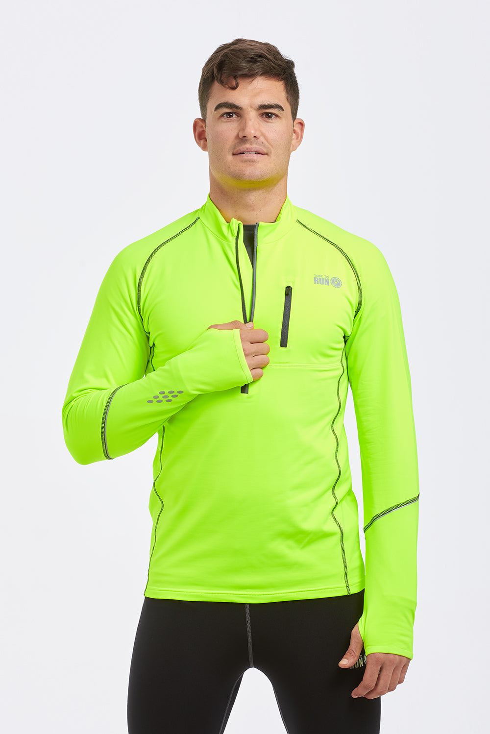Running Top For Men - Long Sleeved Zip Neck Shirt With Chest Pocket - Thermal Fabric - Lime Green XL Slight Second No Care Label