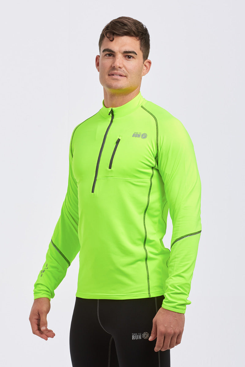 Running Top For Men - Long Sleeved Zip Neck Shirt With Chest Pocket - Thermal Fabric - Lime Green