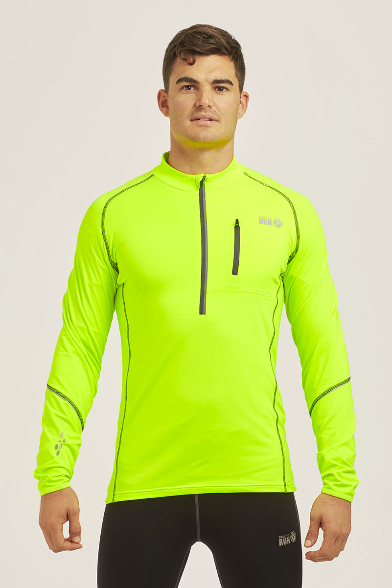 Running Top For Men - Long Sleeved Zip Neck Shirt With Chest Pocket - Thermal Fabric - Lime Green