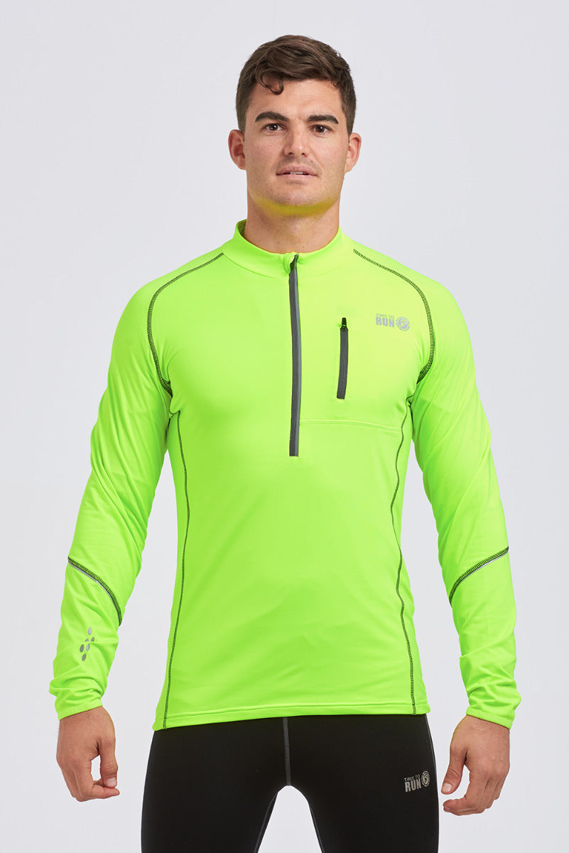 Running Top For Men - Long Sleeved Zip Neck Shirt With Chest Pocket - Thermal Fabric - Lime Green