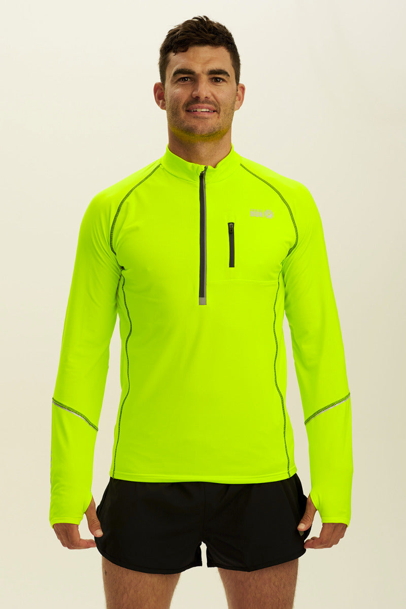 Running Top For Men - Long Sleeved Zip Neck Shirt With Chest Pocket - Thermal Fabric - Lime Green