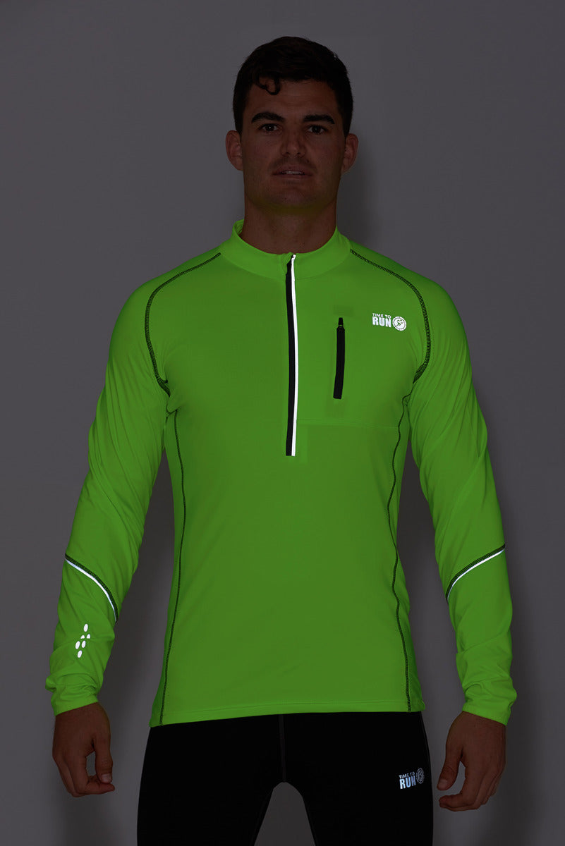 Running Top For Men - Long Sleeved Zip Neck Shirt With Chest Pocket - Thermal Fabric - Lime Green