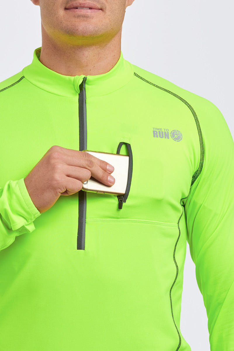 Running Top For Men - Long Sleeved Zip Neck Shirt With Chest Pocket - Thermal Fabric - Lime Green