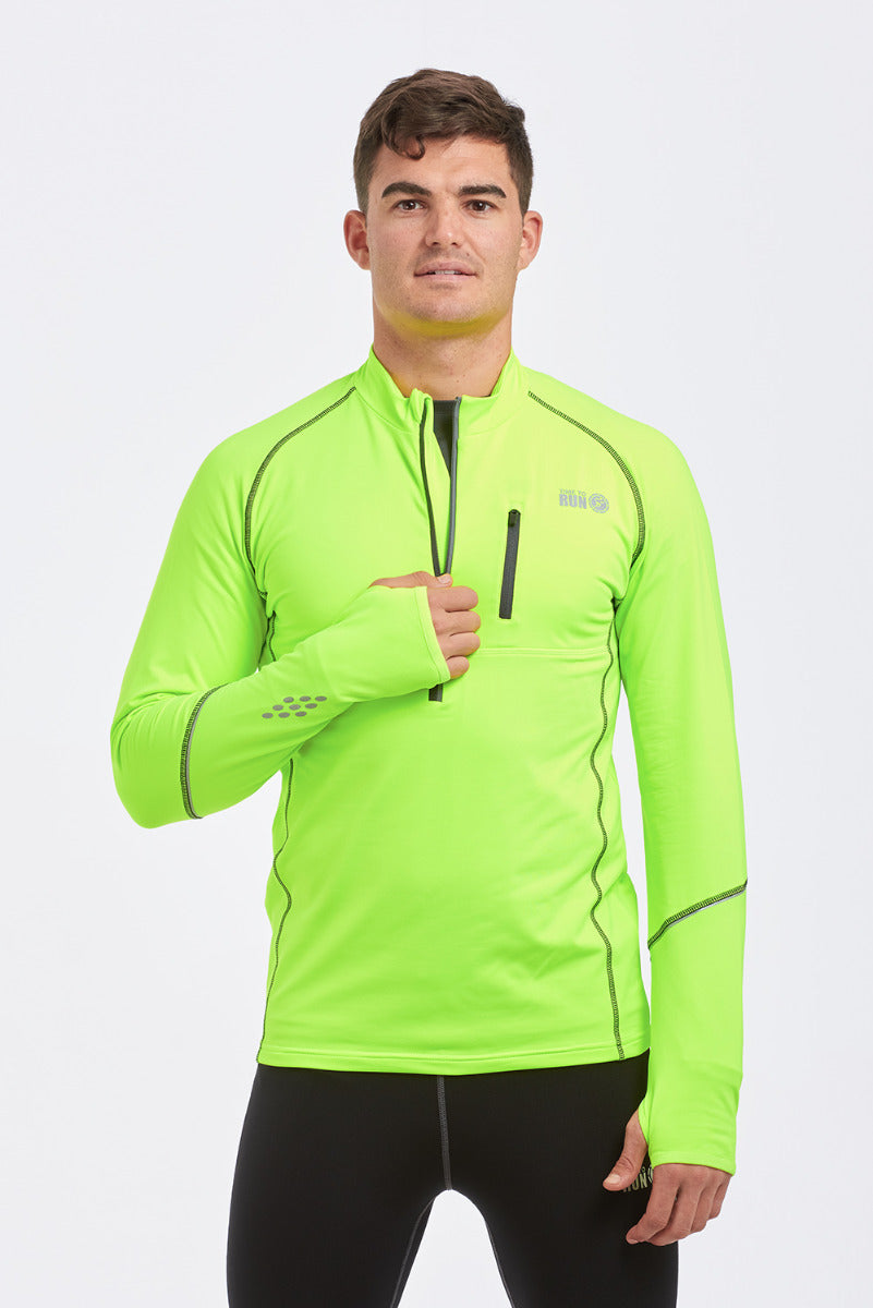 Running Top For Men - Long Sleeved Zip Neck Shirt With Chest Pocket - Thermal Fabric - Lime Green
