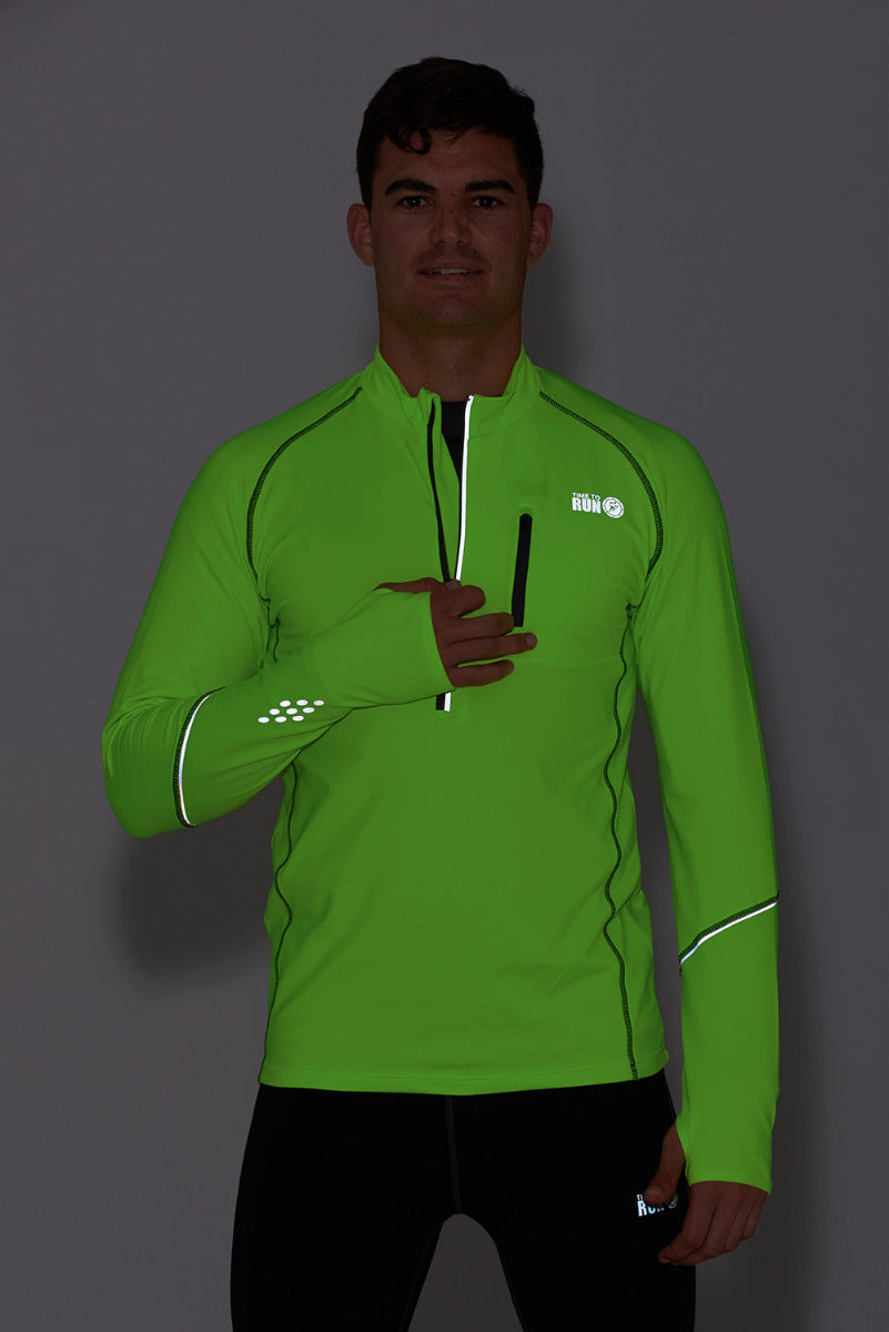 Running Top For Men - Long Sleeved Zip Neck Shirt With Chest Pocket - Thermal Fabric - Lime Green