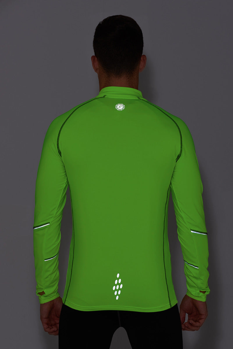 Running Top For Men - Long Sleeved Zip Neck Shirt With Chest Pocket - Thermal Fabric - Lime Green