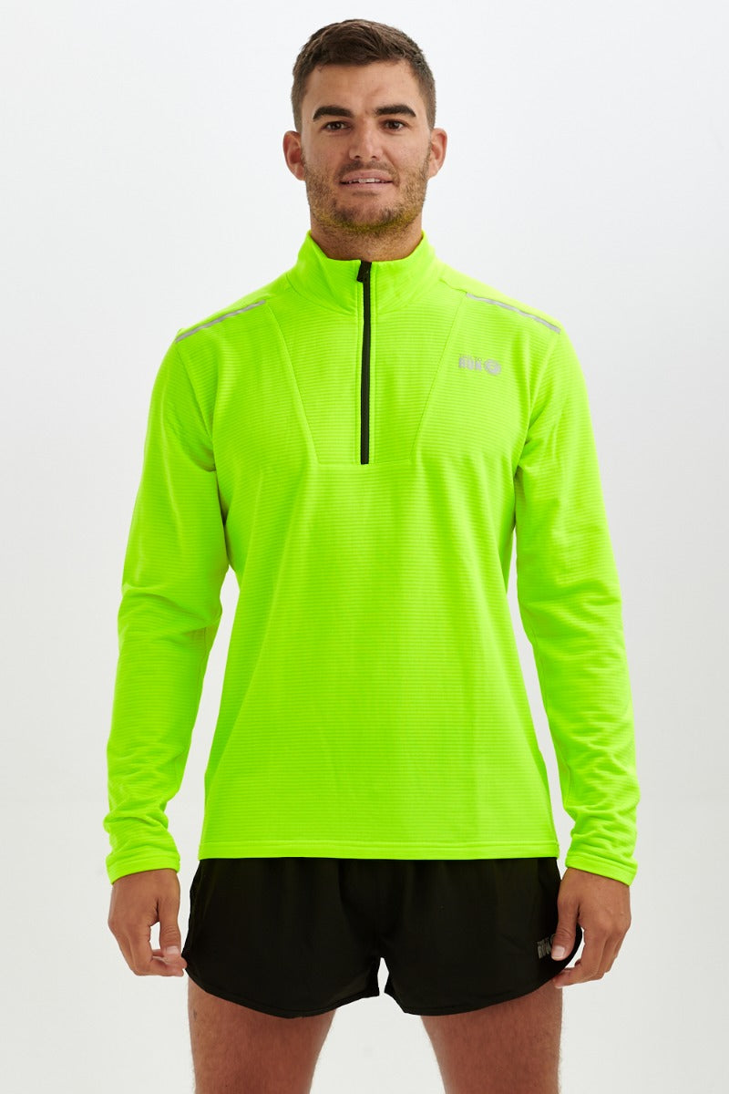 Running Shirt For Men With Half Zip - Lightweight - Thermal - Breathable Grid Fabric Fabric - Lime