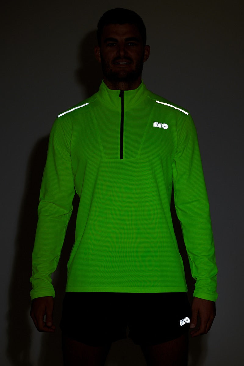 Running Shirt For Men With Half Zip - Lightweight - Thermal - Breathable Grid Fabric Fabric - Lime