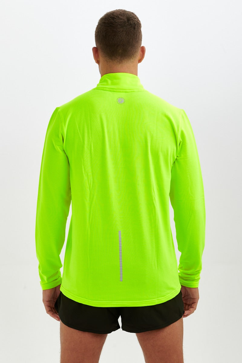 Running Shirt For Men With Half Zip - Lightweight - Thermal - Breathable Grid Fabric Fabric - Lime