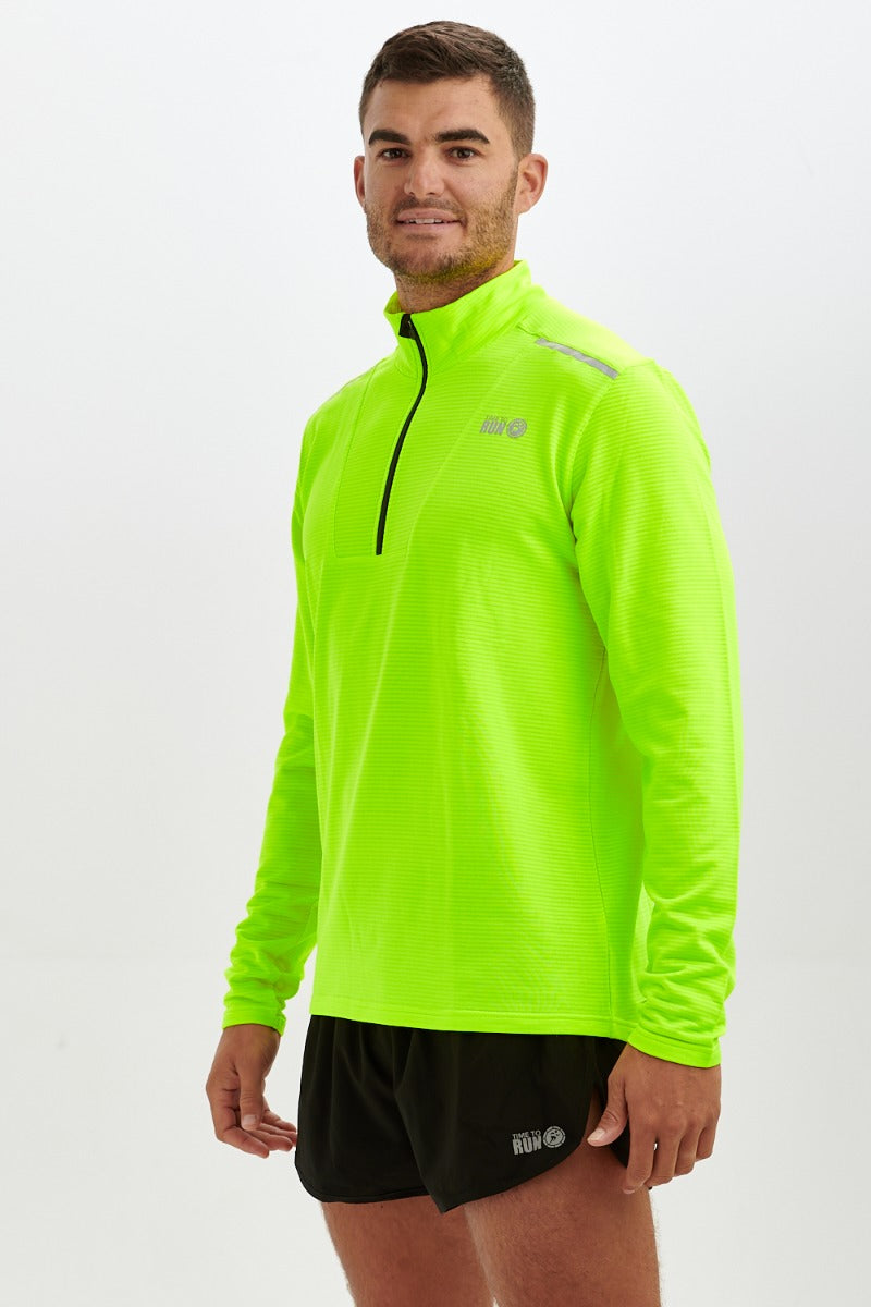 Running Shirt For Men With Half Zip - Lightweight - Thermal - Breathable Grid Fabric Fabric - Lime