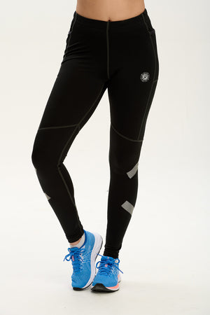 Women's Reflective Running Tights With Phone Pockets - Black