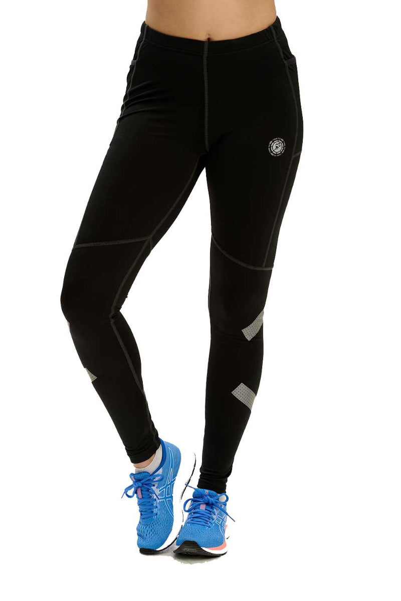 Women's Reflective Running Tights With Phone Pockets - Black