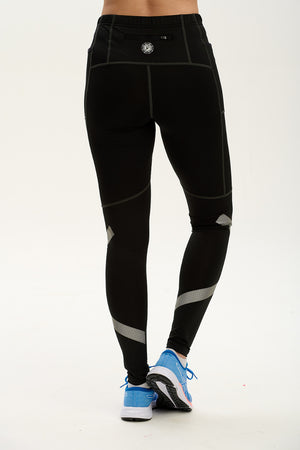 Women's Reflective Running Tights With Phone Pockets - Black