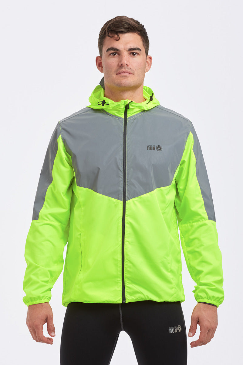 Men's Windproof Reflective Hooded Running Jacket-Lime Green