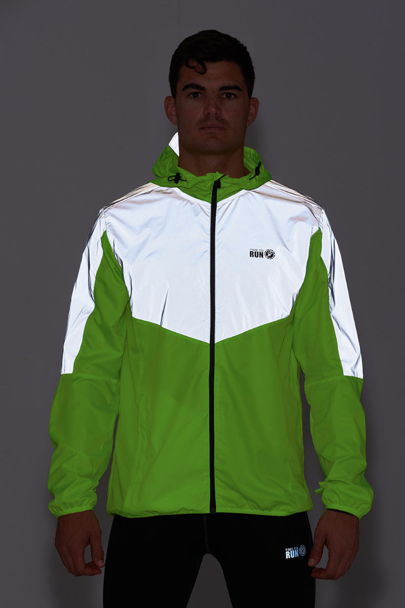 Men's Windproof Reflective Hooded Running Jacket-Lime Green