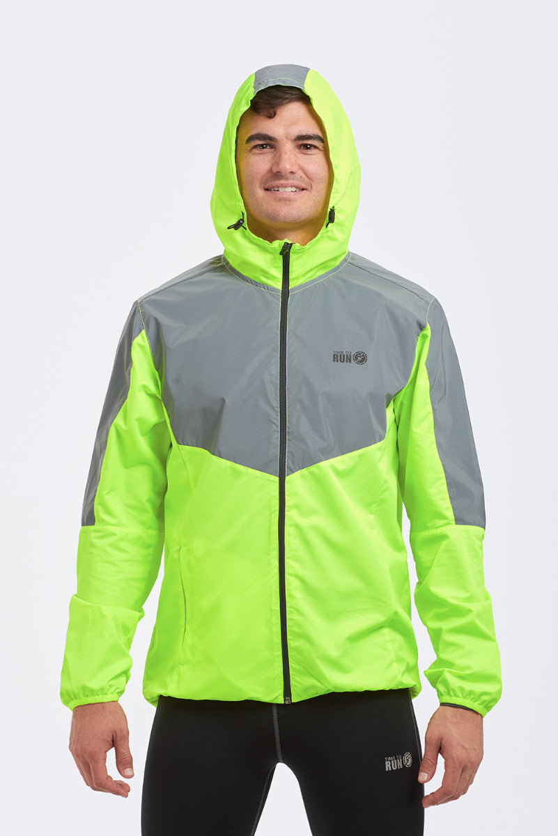 Men's Windproof Reflective Hooded Running Jacket-Lime Green
