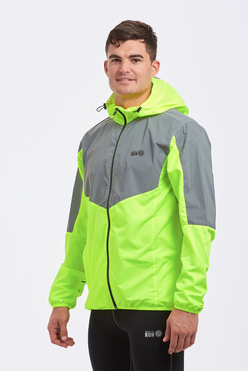 Men's Pace Spirit Reflective Running Jacket - Lightweight Windproof Reflective Trim & Pocket - Lime Green