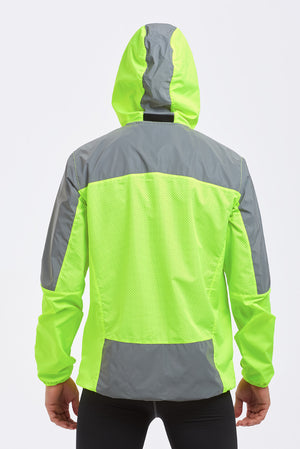 Men's Windproof Reflective Hooded Running Jacket-Lime Green