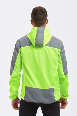 Men's Windproof Reflective Hooded Running Jacket-Lime Green
