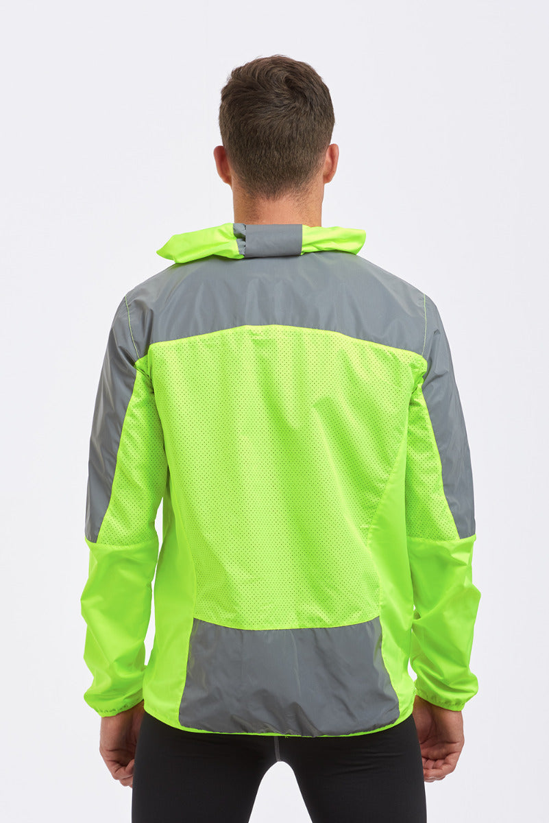 Men's Windproof Reflective Hooded Running Jacket-Lime Green