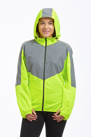 Women's Windproof Reflective Hooded Running Jacket - Lime Green