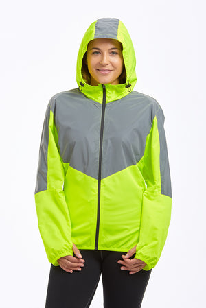 Women's Windproof Reflective Hooded Running Jacket - Lime Green