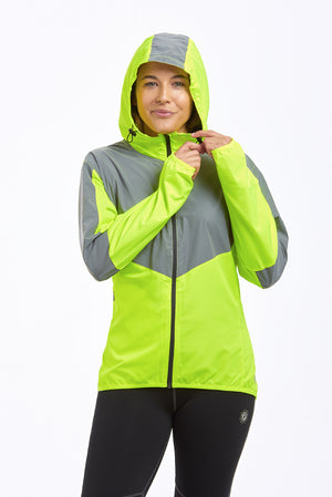 Women's Windproof Reflective Hooded Running Jacket - Lime Green