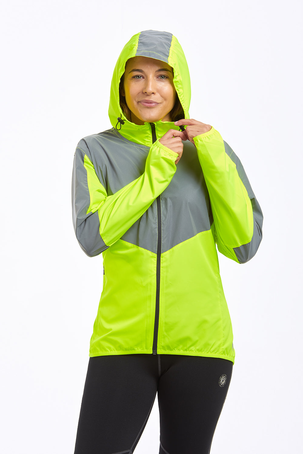 Women's Windproof Reflective Hooded Running Jacket - Lime Green