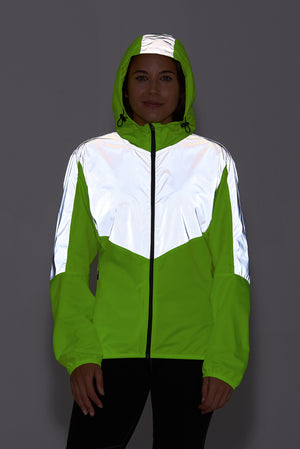 Women's Windproof Reflective Hooded Running Jacket - Lime Green
