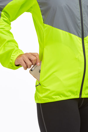 Women's Windproof Reflective Hooded Running Jacket - Lime Green