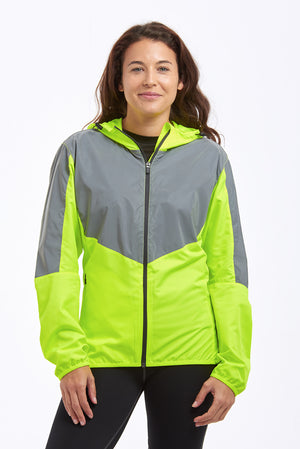 Women's Windproof Reflective Hooded Running Jacket - Lime Green