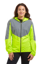 Women's Windproof Reflective Hooded Running Jacket - Lime Green
